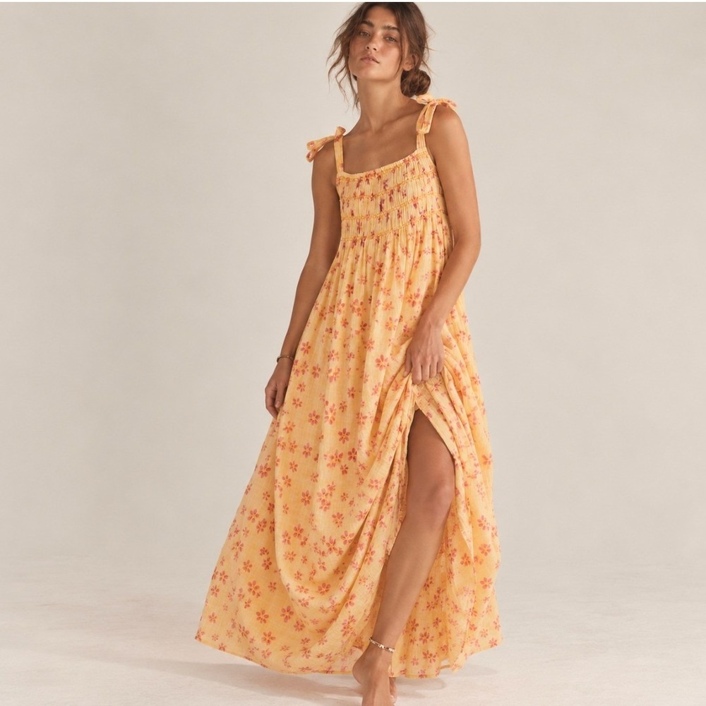 Free People Azure Maxi Dress Smocked Floral Gauze L Yellow Pink Boho Romantic